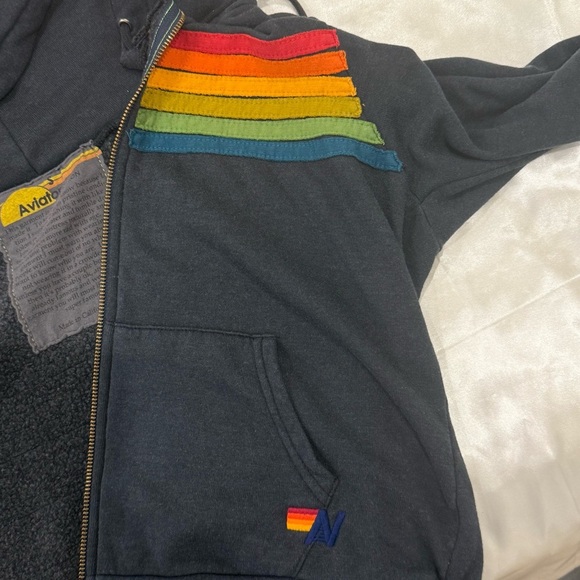 Aviator Nation 6 Stripe Zip Hoodie Charcoal Gray Rainbow Small Beachy Retro Rare - Picture 12 of 13